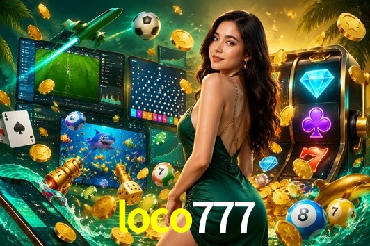 Una escena digital vívida inspirada en casino con loco777 mostrado prominentemente, luces brillantes, fichas, cartas y acentos dorados.